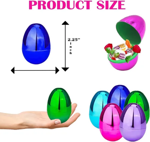 Vista 2 de The Dreidel Company Huevos de Pascua rellenables (paquete de 12) de colores metálicos brillantes con bisagra, huevos de Pascua de plástico a granel