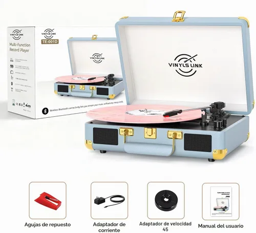 Vista 12 de VINYLSLINK - Tocadiscos de vinilo Bluetooth, tocadiscos portátil de 3 velocidades con control de agudos y graves, altavoces estéreo integrados Azul