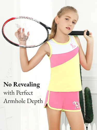 Vista 2 de Girls Shorts Sets Kids Summer 2 Piece Outfits Clothes Tennis Running Tank Top Shirts Dolphin Shorts
