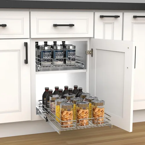 Vista 8 de Organizador de gabinete extraíble, estante deslizante de metal resistente para armarios de cocina, cromo, no incluye accesorios de puerta