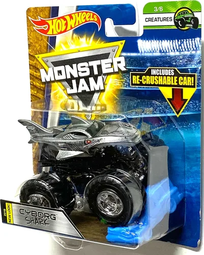 Vista 2 de Hot Wheels Monster Jam 2018 Creatures Cyborg Shark (con coche re-aplastable) escala 1:64