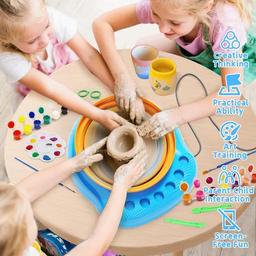 Vista 6 de Vinkp Rueda de cerámica para niños, kit completo de pintura de cerámica, artes y manualidades para niños de 8 a 12 años con arcilla seca al aire