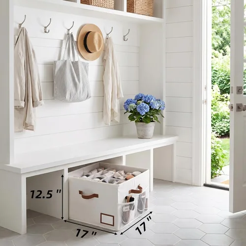 Vista 2 de StorageWorks Organizador de Zapatos para Armario, Cabe hasta 16 Pares, Contenedores de Almacenamiento de Zapatos Cubby con Bolsillo Lateral de Malla