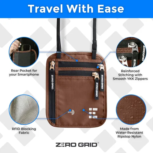 Vista 17 de Cartera para el cuello para viajes y pasaporte con bloqueo RFID, delgada y fácil de ocultar, bolsa de viaje de nailon para hombres y mujeres