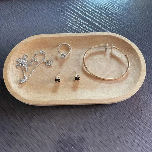 Vista 2 de Juego de 2 mini bandejas para servir joyas y monedas, bandeja ovalada de madera natural para postres, plato pequeño de queso de madera, bandeja