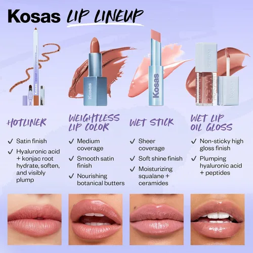 Vista 9 de Kosas Wet Lip Oil Gloss - Tratamiento hidratante y voluminizador de labios con ácido hialurónico y péptidos, acabado no pegajoso (sin abrir)