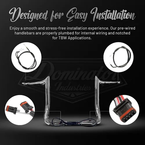 Vista 3 de Dominator Industries - Manillar Meathook Bar Ape de 10 pulgadas, precableado de 1 1/4 pulgadas, cromado, compatible con Harley-Davidson Bagger