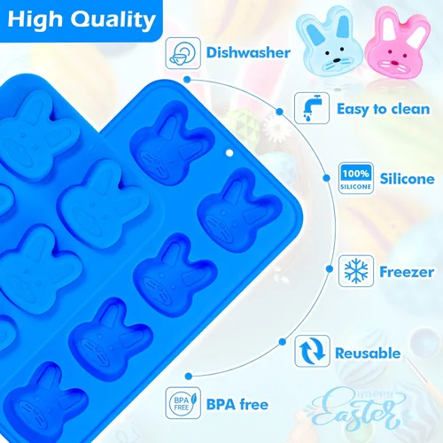 Vista 5 de Webake Moldes para cubitos de hielo de conejo de Pascua, moldes de silicona de conejo de 8 cavidades para chocolate, dulces, cubitos de hielo
