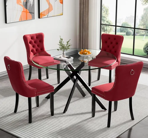 Vista 75 de Juego de mesa de comedor SSLine moderno de 3 piezas con mesa redonda de vidrio para 2, lujosa mesa de comedor circular de 36" con tapa de vidrio