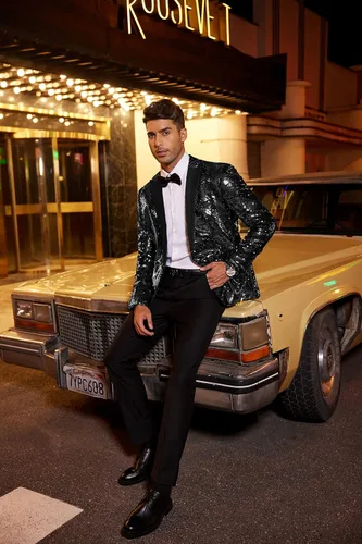 Vista 2 de Coofandy Chaqueta de traje de lentejuelas brillante Blazer de un botón de esmoquin para fiesta boda banquete baile de graduación