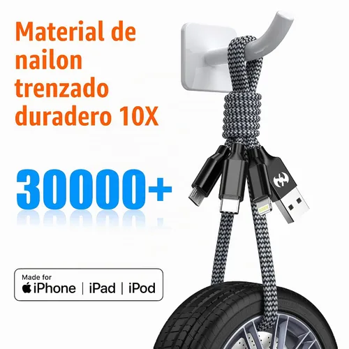 Vista 3 de Cable de carga múltiple de 10 pies, paquete de 2 unidades, cargador USB 3 en 1, cable de carga largo multi iPhone de nylon trenzado, certificado