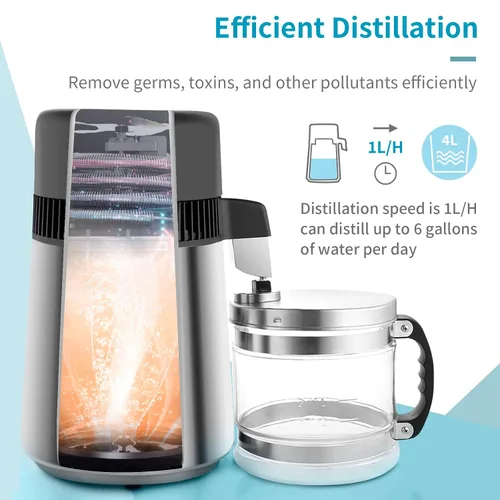 Vista 3 de Bonnlo Destilador de agua de acero inoxidable de 1.1 galones/4L con recipiente de vidrio, máquina de agua destilada de 750 W, destiladores de agua