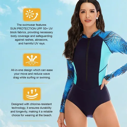 Vista 3 de Womens Rash Guard Long Sleeve Bathing Suit - Zip Front One Piece Swimsuit with Tummy Control Built in Bra UPF 50