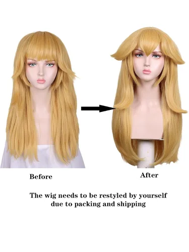 Vista 3 de FantaLook Peluca larga rubia con aretes para mujer, disfraz de Halloween