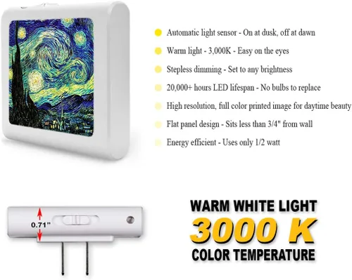 Vista 2 de Luz nocturna LED regulable con sensor automático del atardecer al amanecer, brillo ajustable, luz cálida, luz nocturna de encendido y apagado Van