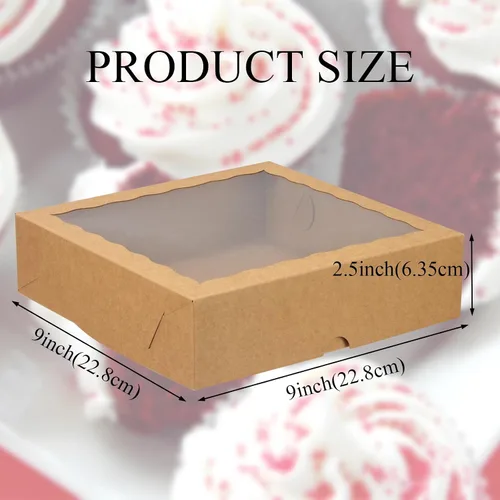 Vista 4 de 25 cajas de panadería marrones de 9 x 9 x 2.5 pulgadas con ventana para galletas, macarrón, fresas cubiertas de chocolate, mini pastel, trufa