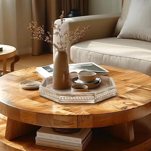 Vista 5 de MAONAME Bandeja de Madera para Servir, Bandeja de Madera Estilo Granja con Cuentas, Bandeja Octogonal para Servir Blanca Lavada, Bandeja de Mesa