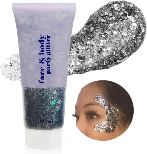 Vista 28 de Go Ho Brillantina azul para rostro y cuerpo, pintura facial azul de Halloween, gel brillante de sirena, lentejuelas gruesas holográficas para ojos