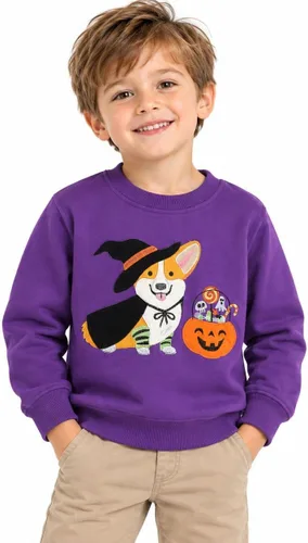 Vista 15 de HILEELANG Sudaderas de Halloween para niños pequeños, de algodón, sin botones, con estampado de calabaza, murciélago, boo, para niños y niñas