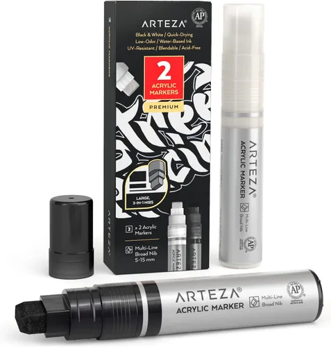 Vista 6 de ARTEZA Bolígrafos de pintura acrílica, paquete de 2, negro, punta multilínea 3 en 1, línea de 5 a 0.591 in, marcadores de pintura resistentes a