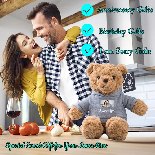 Vista 5 de Oso de peluche personalizado, juguetes de peluche con texto personalizado + imagen como regalo personalizado para novia, novio en el día de San