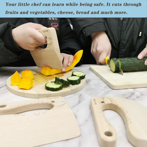 Vista 5 de Cuchillo de madera para niños, cuchillos seguros para niños, juguete de cocina, picador, cortador de verduras y frutas (para 2-8 años)