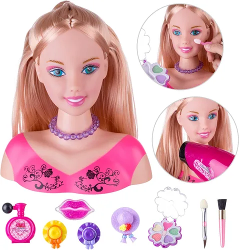 Vista 2 de Cabeza de muñeca para peinar y maquillar para niñas con accesorios y secador de pelo (Estilo A)