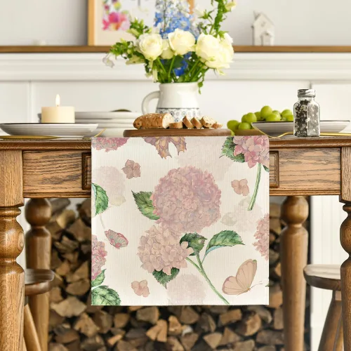 Vista 2 de Artoid Mode Camino de mesa de primavera de mariposa de hortensias rosas, decoración de mesa de comedor de cocina y vacaciones de verano, decoración