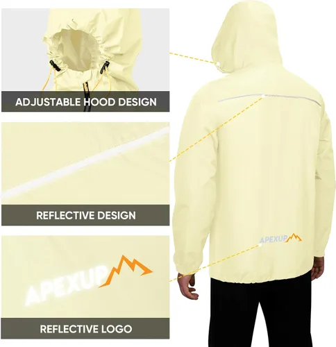 Vista 2 de APEXUP Chaqueta de lluvia empacable para hombre con cremallera reflectante, impermeable ligero, chaqueta de lluvia para hombre para deportes al aire