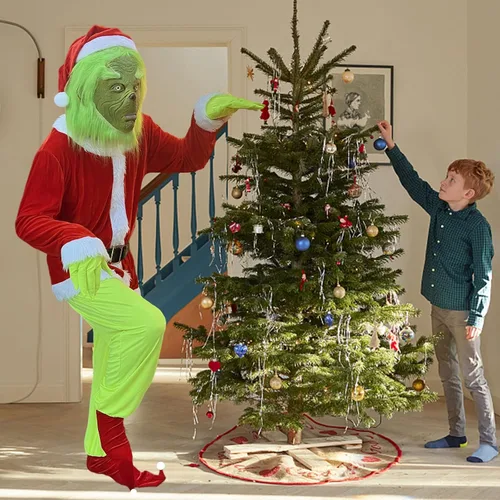 Vista 4 de Christmas Green Big Monster Costume7Pcs Adult Santa Suit for Men WomenFunny Santa Outfit with Mask