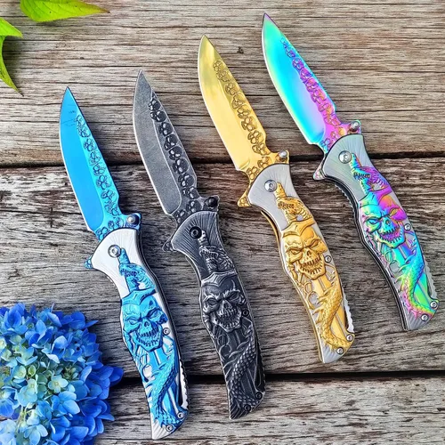 Vista 6 de Navaja de bolsillo de cráneo, cuchillo plegable de bolsillo fresco, cuchillo EDC de calavera en relieve 3D para hombres, festival, regalo de Negro
