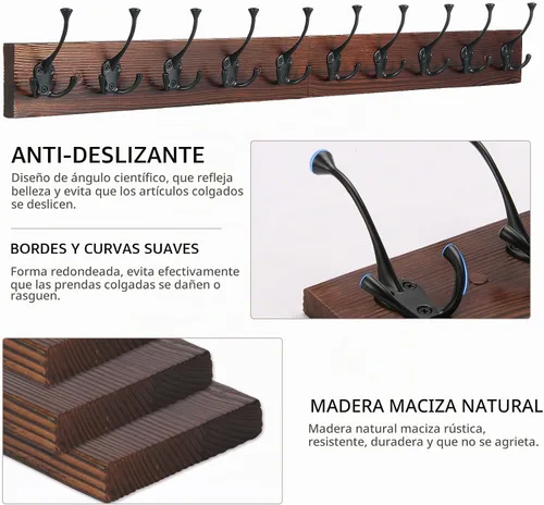 Vista 5 de IBosins Perchero de pared de 34'' con 10 ganchos tri-decorativos, colgador de abrigos de madera resistente, barra de ganchos rústicos para entrada