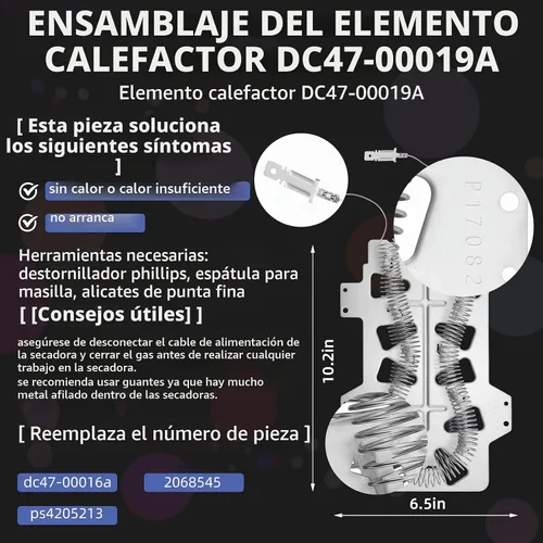 Vista 3 de 【Actualizado】Elemento de calefacción DC47-00019A para secadora Samsung DV45H7000EW/A2 DVE50R5200W/A3 DV40J3000EW/A2 DV42H5000EW/A3 DVE50M7450W/A3