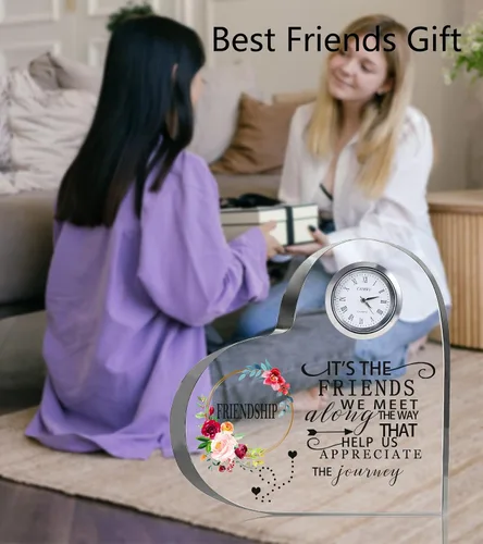 Vista 6 de Movdyka - Reloj de corazón de cristal con placa de regalo de amistad para mujeres y amigas Regalos únicos grabados grandes de 5.9 pulgadas