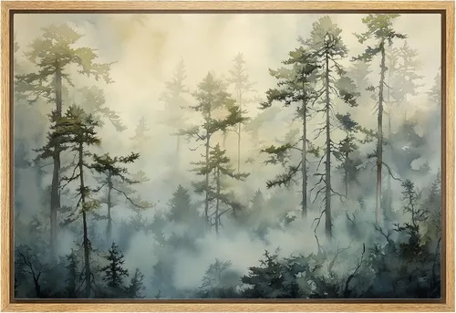 Vista 31 de wall26 Lienzo enmarcado de arte de pared, acuarela en tonos pastel, pino, árbol, bosque, lago, naturaleza, ilustraciones de área silvestre, arte