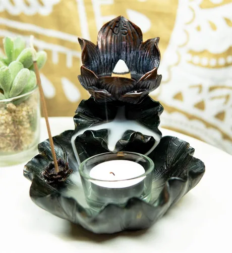 Vista 6 de Ebros Gift Feng Shui Zen Buddha Ohm Símbolo Sagrado Flor de Loto en Cascada Torre de incienso y Quemador de cono de reflujo y Figura de portavelas