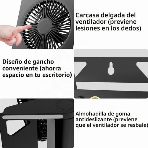 Vista 4 de Ventilador de escritorio pequeño, ventilador de mesa USB VEMONT con batería recargable de 5000 mAh, ventilador portátil personal plegable de 180°