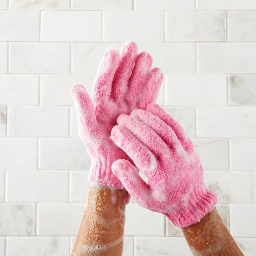 Vista 3 de 4 pares de guante exfoliante; exfoliante para cuerpo para Ducha y baño, guantes de esponja de lufa limpiadores en 4 colores variados para hombres