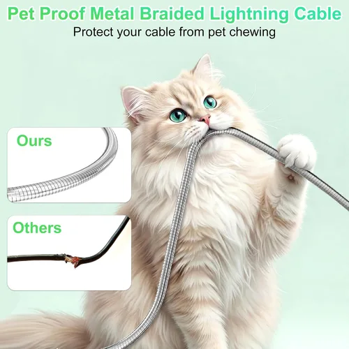 Vista 2 de Cable USB a Lightning de 6.6 pies a prueba de mordidos, cable de carga para iPhone a prueba de perros y gatos, cable de carga para iPhone plateado