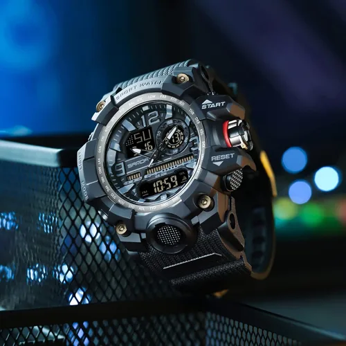 Vista 7 de WISHFAN Reloj militar para hombre, de doble pantalla, impermeable, deportivo, digital, muñeca grande, con alarma