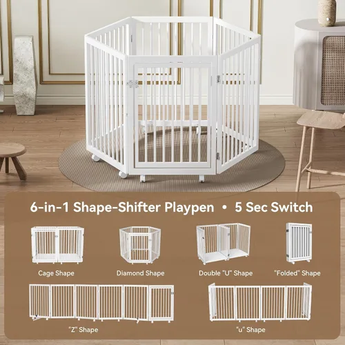 Vista 5 de SLSY Corralito transformable 6 en 1 para perros con 2 tablas base de madera, valla de metal resistente de 30 pulgadas con puerta, corral