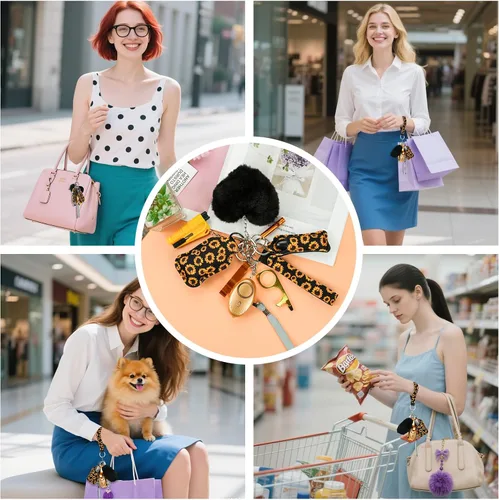 Vista 7 de Juego de 10 llaveros de accesorios para mujer con alarma de seguridad, silbato y llavero de pulsera