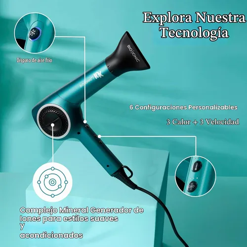 Vista 3 de Bio Ionic Secador de pelo de velocidad ultraligera 10X, secador de pelo con calor y velocidad ajustables, función de memoria, herramienta Teal Tides