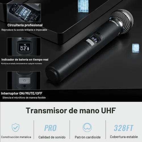 Vista 4 de Phenyx Pro Sistema de micrófono inalámbrico de 4 canales con escaneo automático, frecuencias UHF de 4 x 40, 2 micrófonos dinámicos de mano, 2