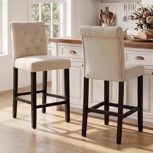 Vista 5 de LSSBOUGHT - Taburetes de barra, 24 pulgadas de altura tapizados con botones y patas de madera sólida, juego de 2 (Beige)
