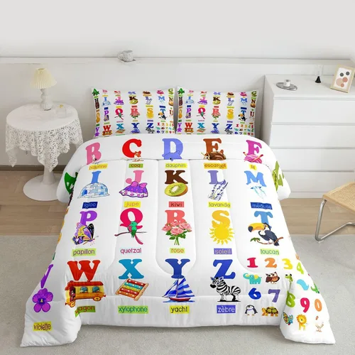 Vista 18 de jejeloiu Juego de edredón educativo para niños, tamaño matrimonial, juego de ropa de cama con números del alfabeto ABC para niños y niñas pequeños