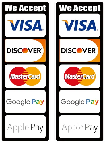 Vista 2 de 2 calcomanías para tarjetas de crédito con texto en inglés «We Accept Major Credit Card», GPay, ApplePay, AmEx MasterCard Visa Discover Payments