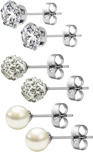 Vista 54 de JewelrieShop - Juego de aretes de tuerca de acero inoxidable con circonitas cúbicas y perlas de imitación, 3 pares de 0.236 in
