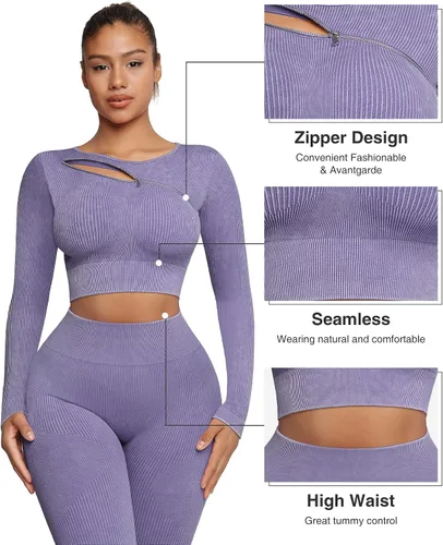 Vista 3 de FeelinGirl Conjuntos de entrenamiento para mujer, 2 piezas, manga larga, trajes de yoga, gimnasio, sin costuras, acanalados, cintura alta, leggings
