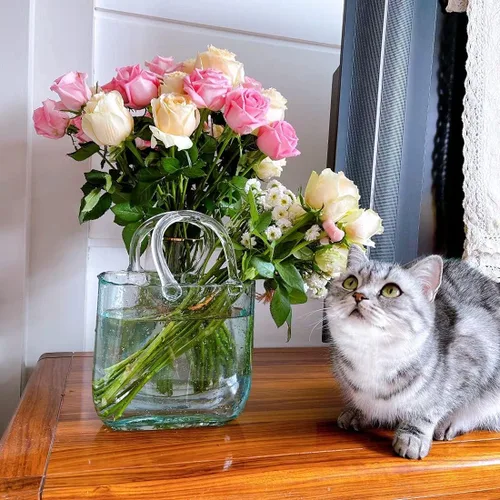 Vista 5 de DUEBEL Jarrones de vidrio para peces, florero hecho a mano con burbujas para decoración de bodas en el hogar, florero transparente con forma de bolso